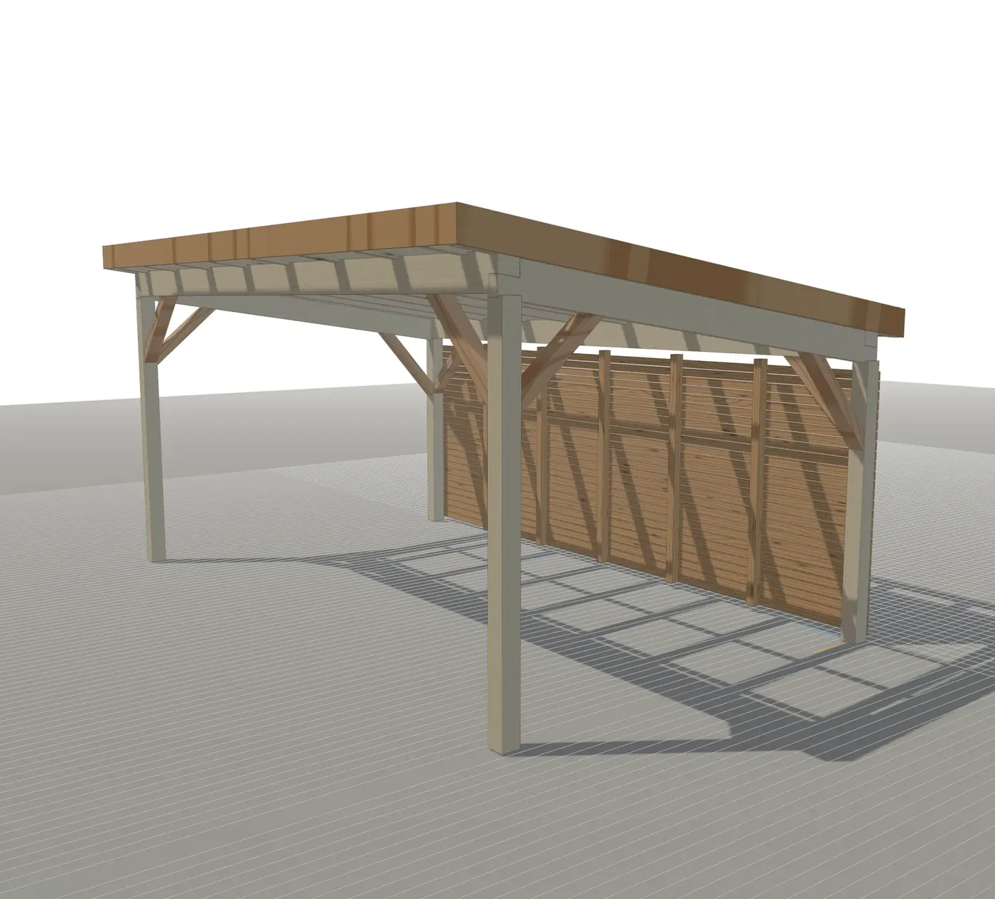 Carport mit Pultdach im 3D-Planer: Pfosten mit Kopfbändern, Pfetten und Sparren, eine Längsseite mit waagerechten Rhombusleisten verschalt