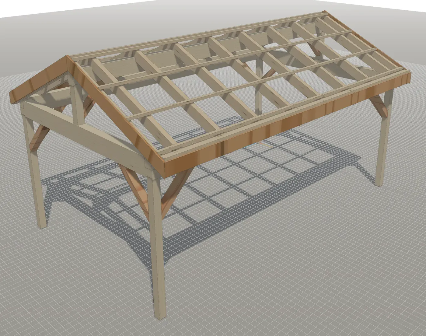 Carport mit Satteldach im 3D-Planer: Pfosten mit Kopfbändern, Pfetten, Sparren, Lattung und Stirnbretter, von schräg oben gesehen