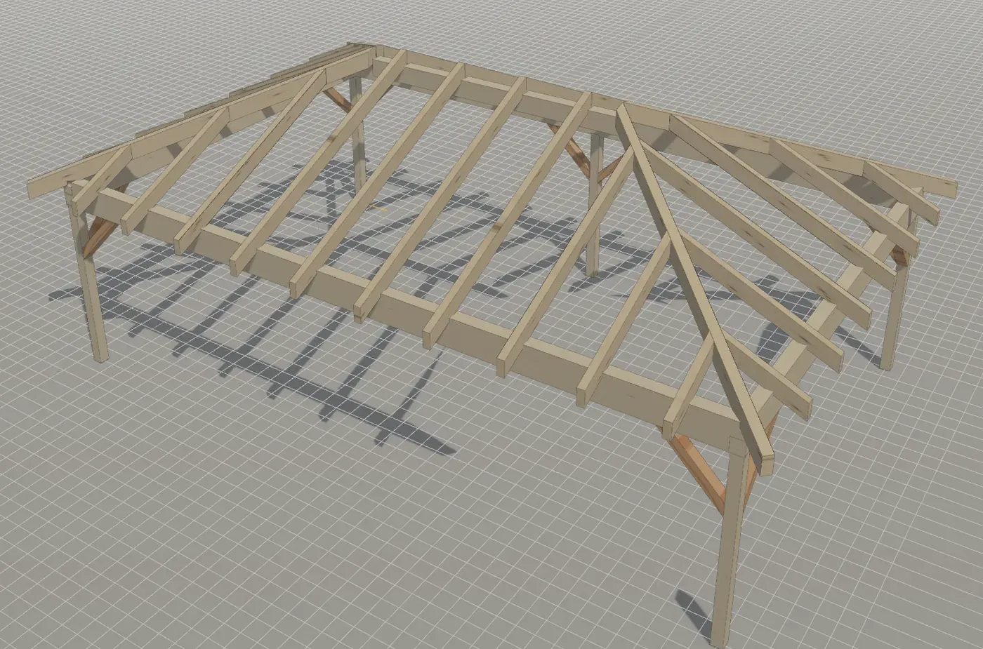 Carport mit Walmdach im 3D-Planer: Gratsparren an den Ecken, Schifter und Sparren auf umlaufenden Fußpfetten, darunter Pfosten mit Kopfbändern