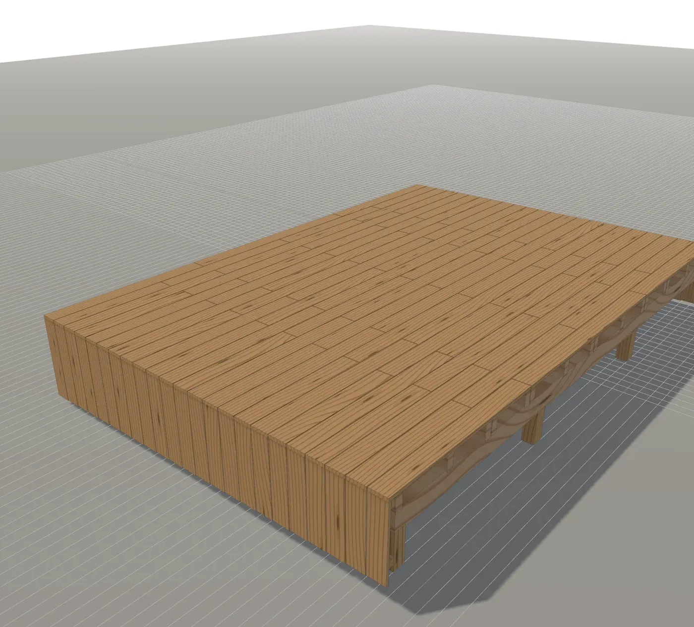 Holzterrasse am Hang im 3D-Planer: Dielen auf einer Unterkonstruktion aus Balken und Pfosten