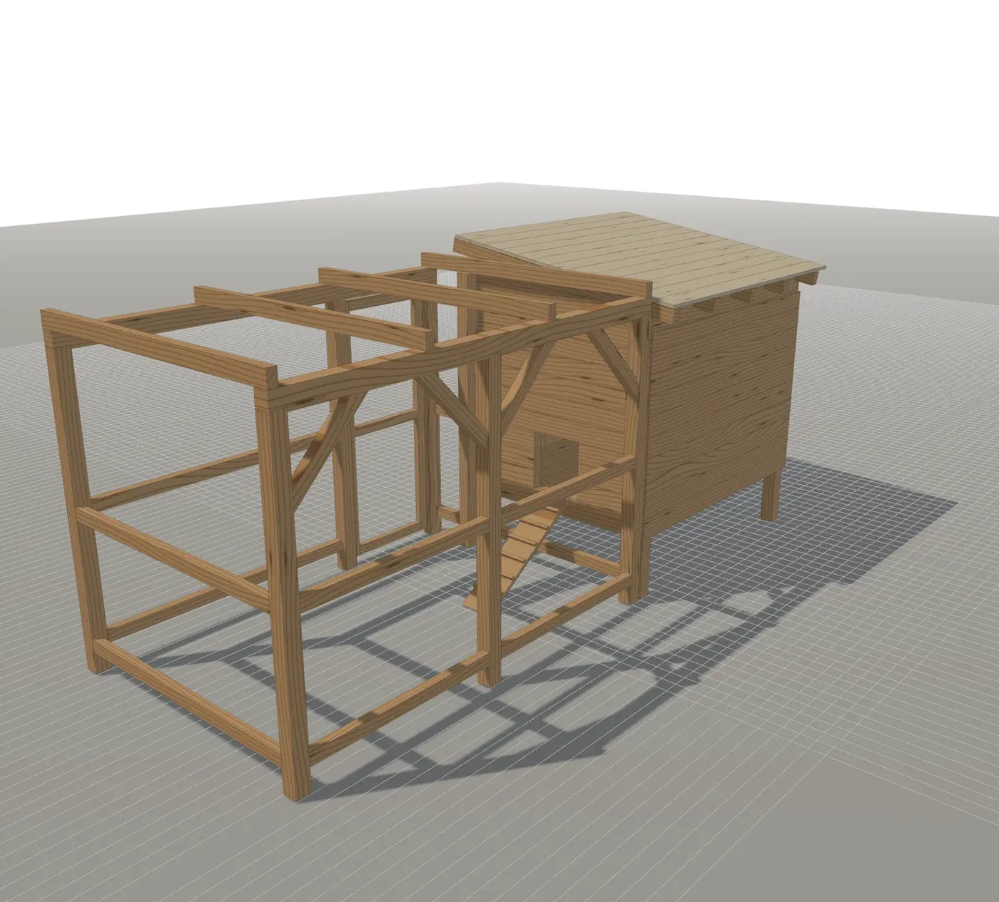 Hühnerstall mit Gehege im 3D-Planer: erhöhter Stall mit Schalung und Pultdach, daneben das Gehege