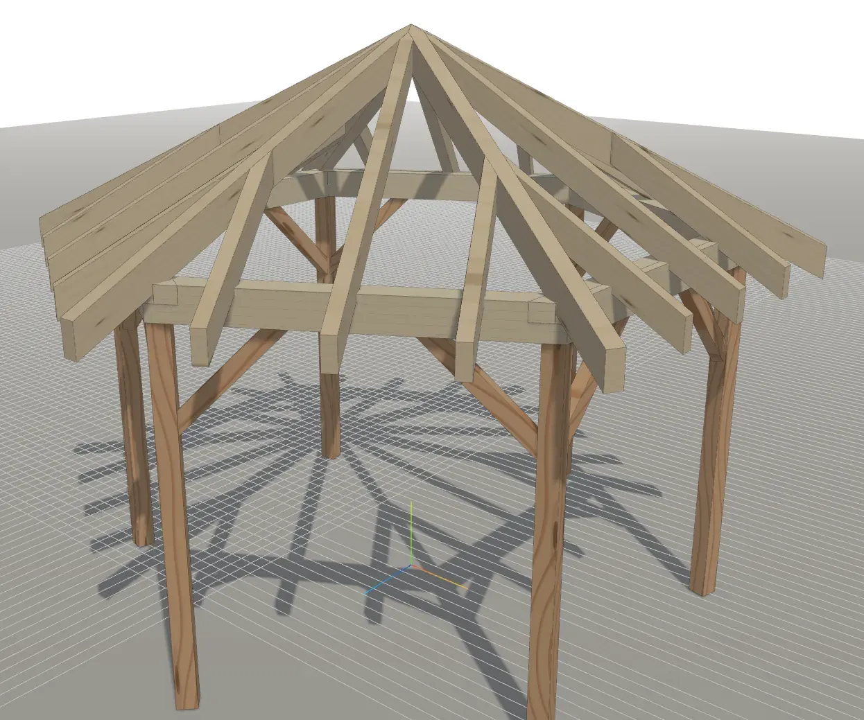 Sechseckiger Pavillon mit Zeltdach im 3D-Planer: sechs Pfosten mit Kopfbändern, Rähm rundum und Gratsparren, die sich in der Spitze treffen