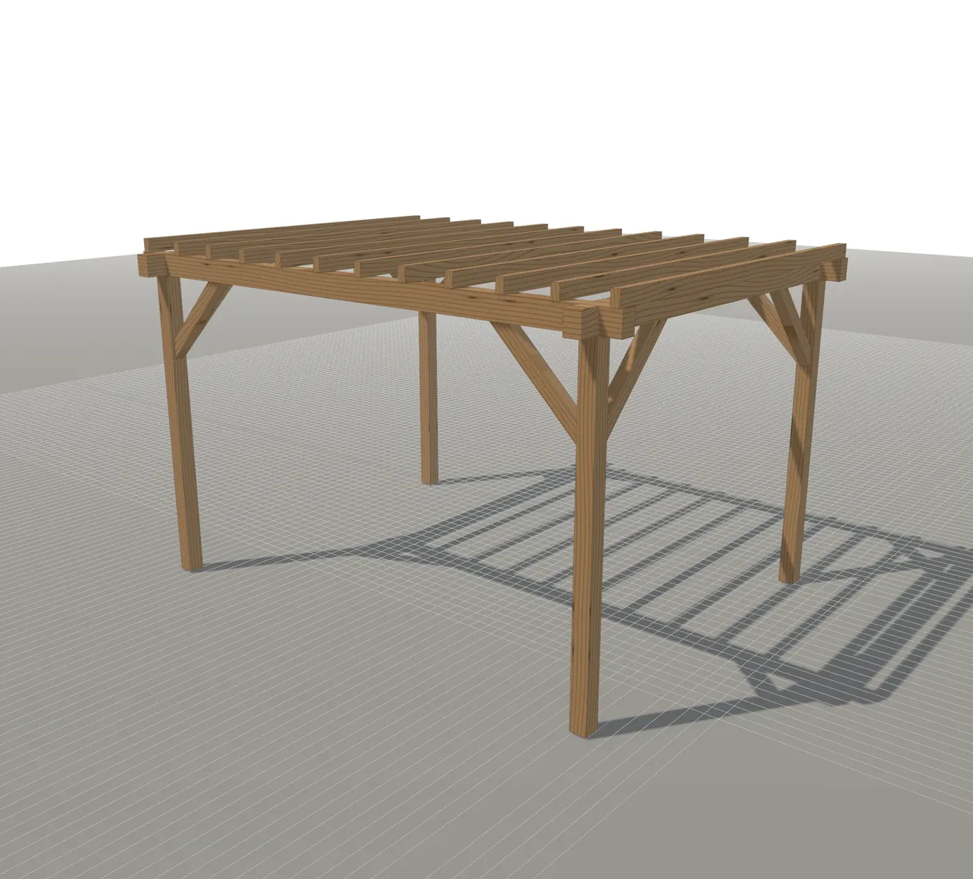 Pergola im 3D-Planer: Pfosten mit Kopfbändern, Pfetten und Latten über die ganze Länge