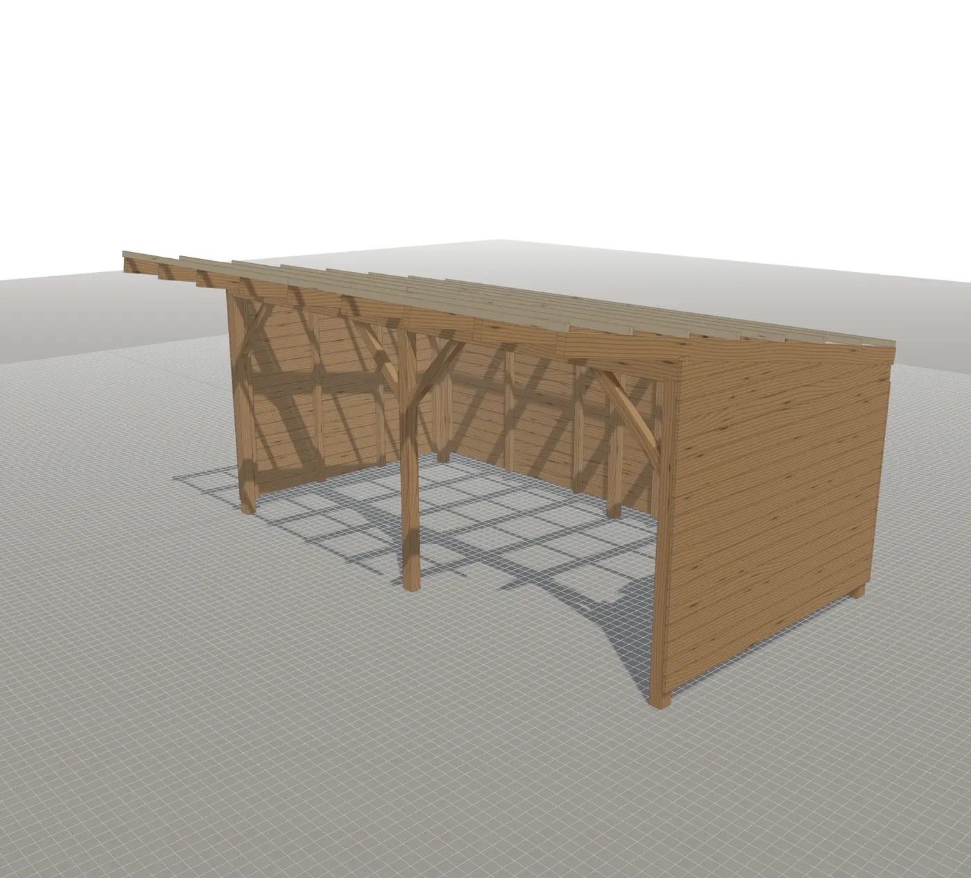 Weidehütte im 3D-Planer: offene Front, Rück- und Seitenwände aus waagerechter Schalung, Pultdach